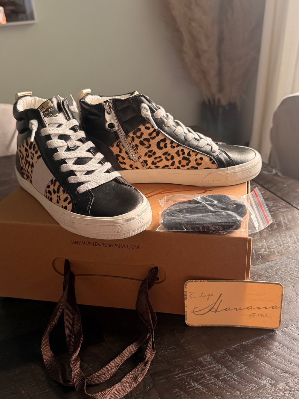 Vintage Havana Black and White Leopard-Panel High-Top Sneakers